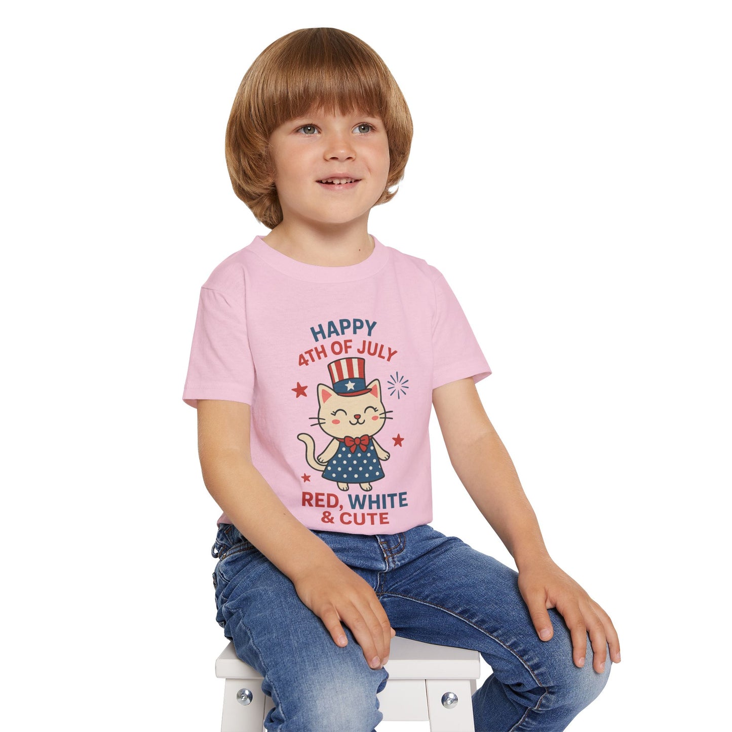 Patriotic Toddler Girl's T-Shirt, 4th of July Tee, Cute Cat Shirt, Kids Independence Day Apparel, Red White and Blue Outfit