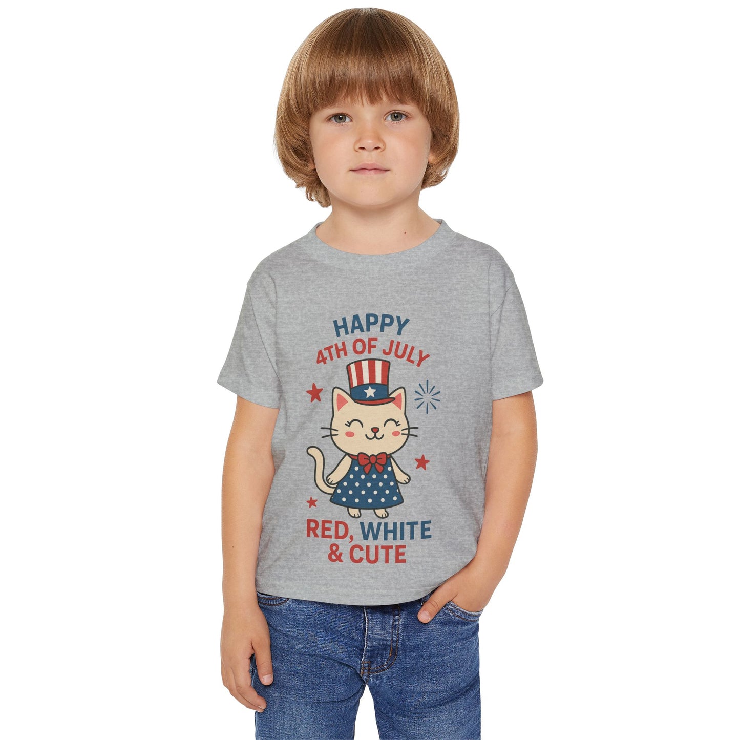 Patriotic Toddler Girl's T-Shirt, 4th of July Tee, Cute Cat Shirt, Kids Independence Day Apparel, Red White and Blue Outfit