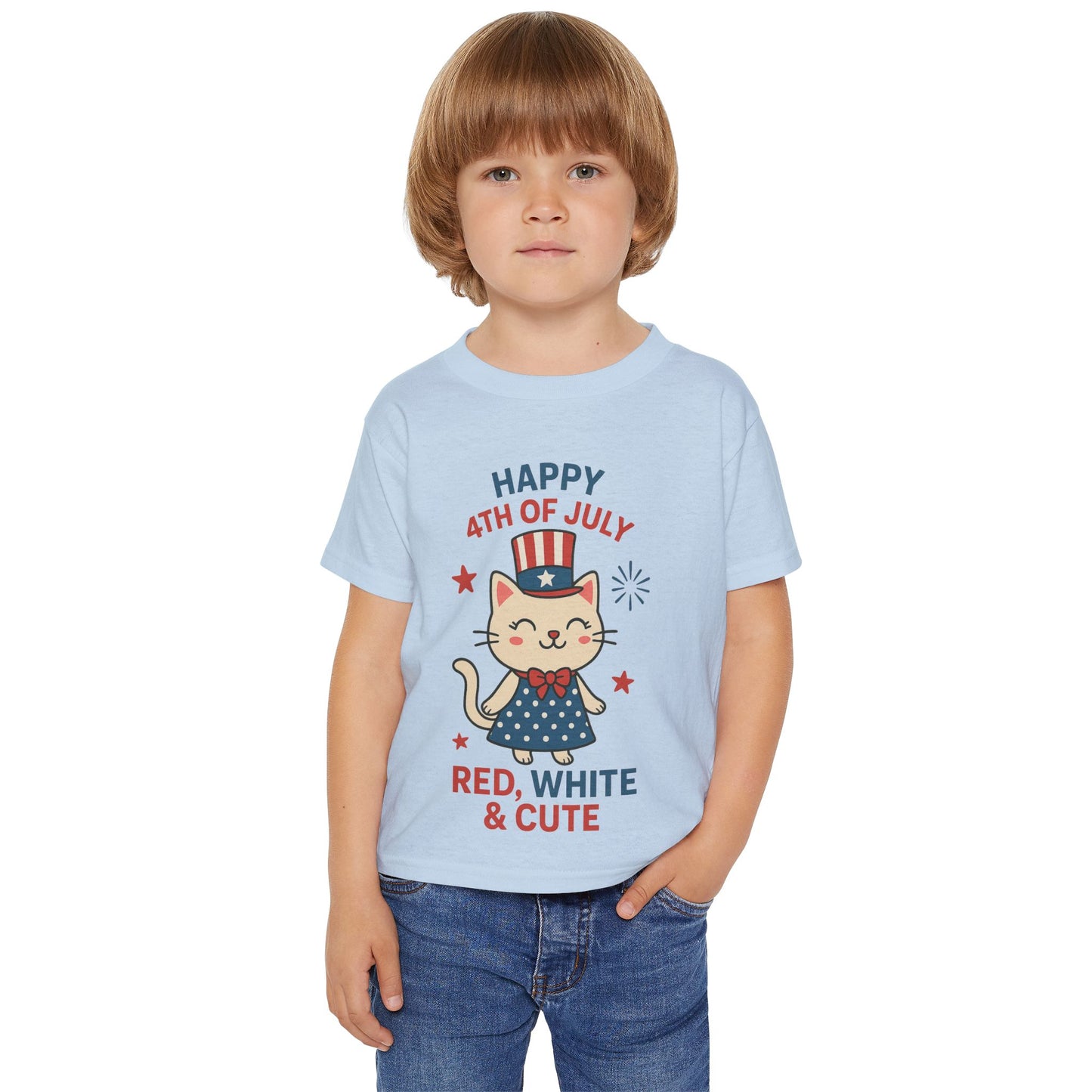 Patriotic Toddler Girl's T-Shirt, 4th of July Tee, Cute Cat Shirt, Kids Independence Day Apparel, Red White and Blue Outfit