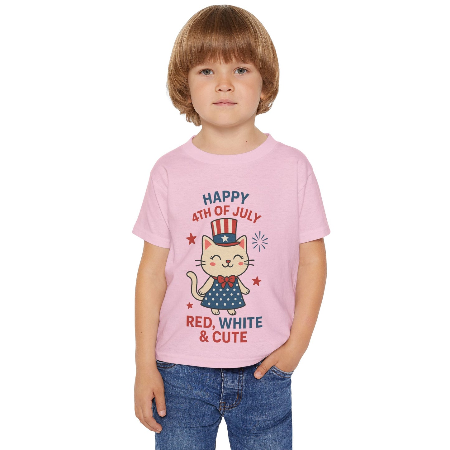 Patriotic Toddler Girl's T-Shirt, 4th of July Tee, Cute Cat Shirt, Kids Independence Day Apparel, Red White and Blue Outfit