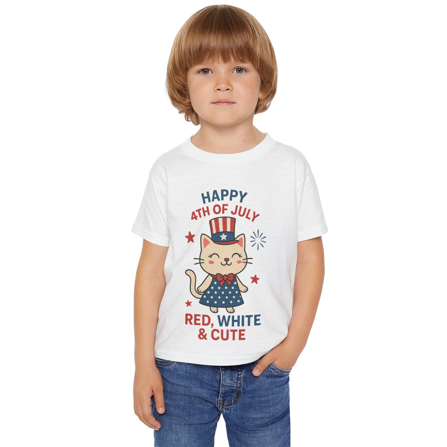 Patriotic Toddler Girl's T-Shirt, 4th of July Tee, Cute Cat Shirt, Kids Independence Day Apparel, Red White and Blue Outfit