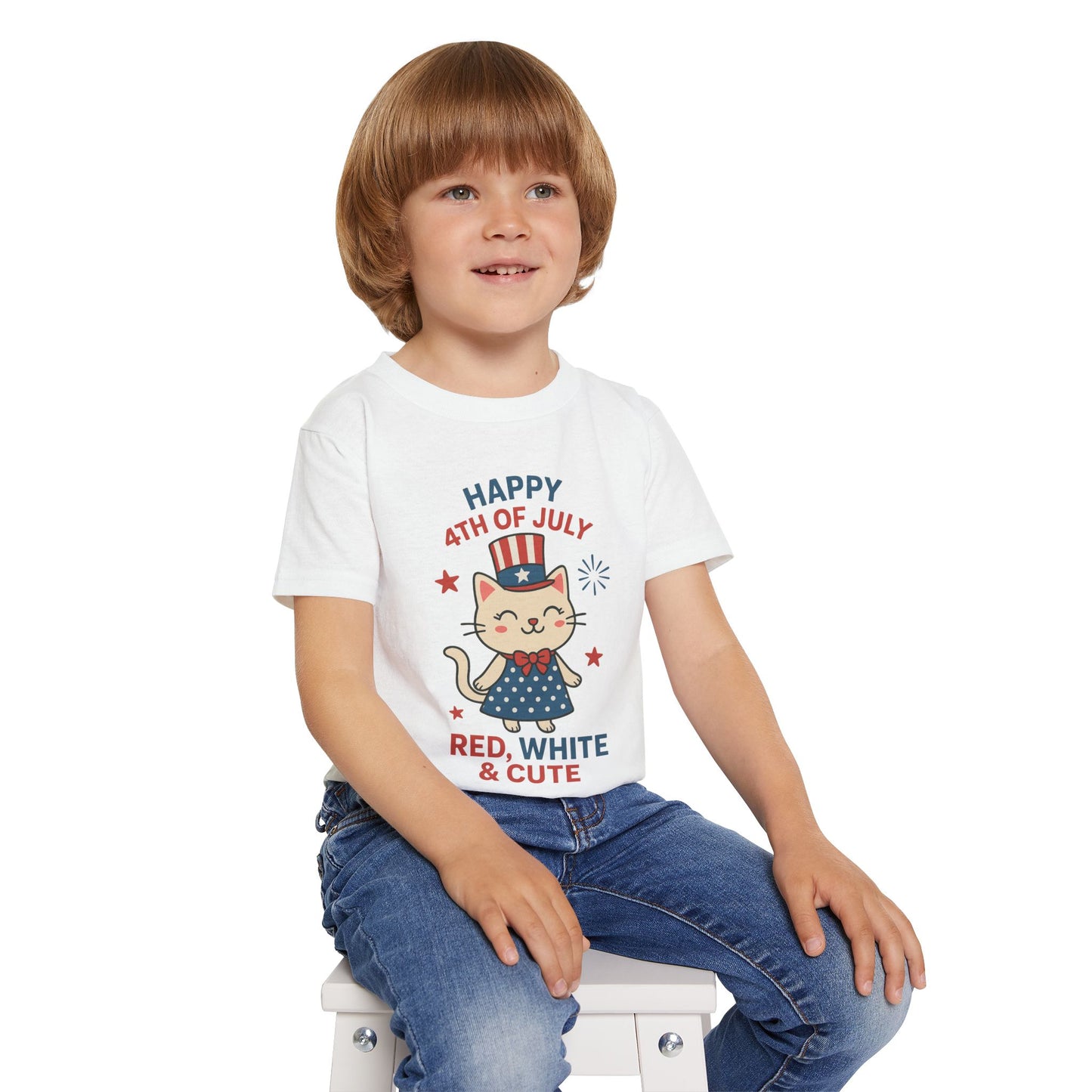 Patriotic Toddler Girl's T-Shirt, 4th of July Tee, Cute Cat Shirt, Kids Independence Day Apparel, Red White and Blue Outfit