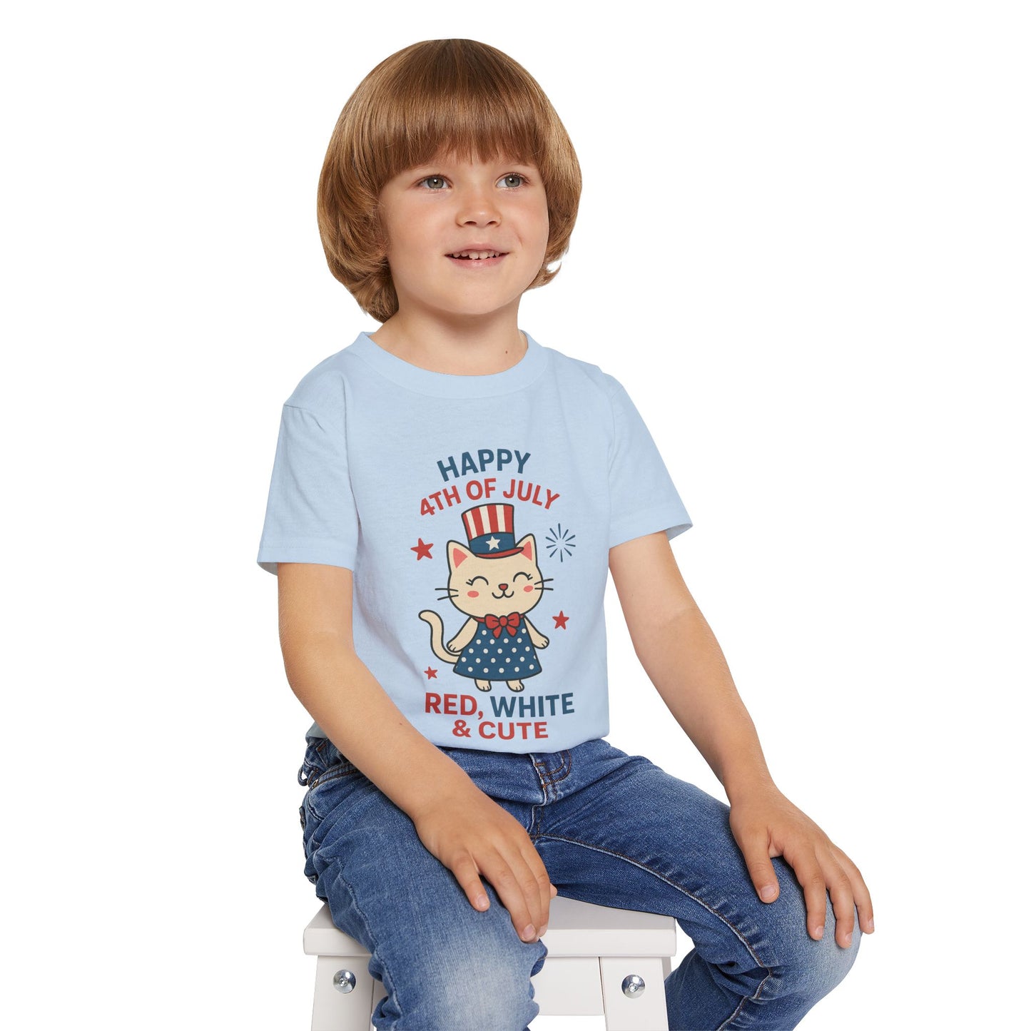Patriotic Toddler Girl's T-Shirt, 4th of July Tee, Cute Cat Shirt, Kids Independence Day Apparel, Red White and Blue Outfit
