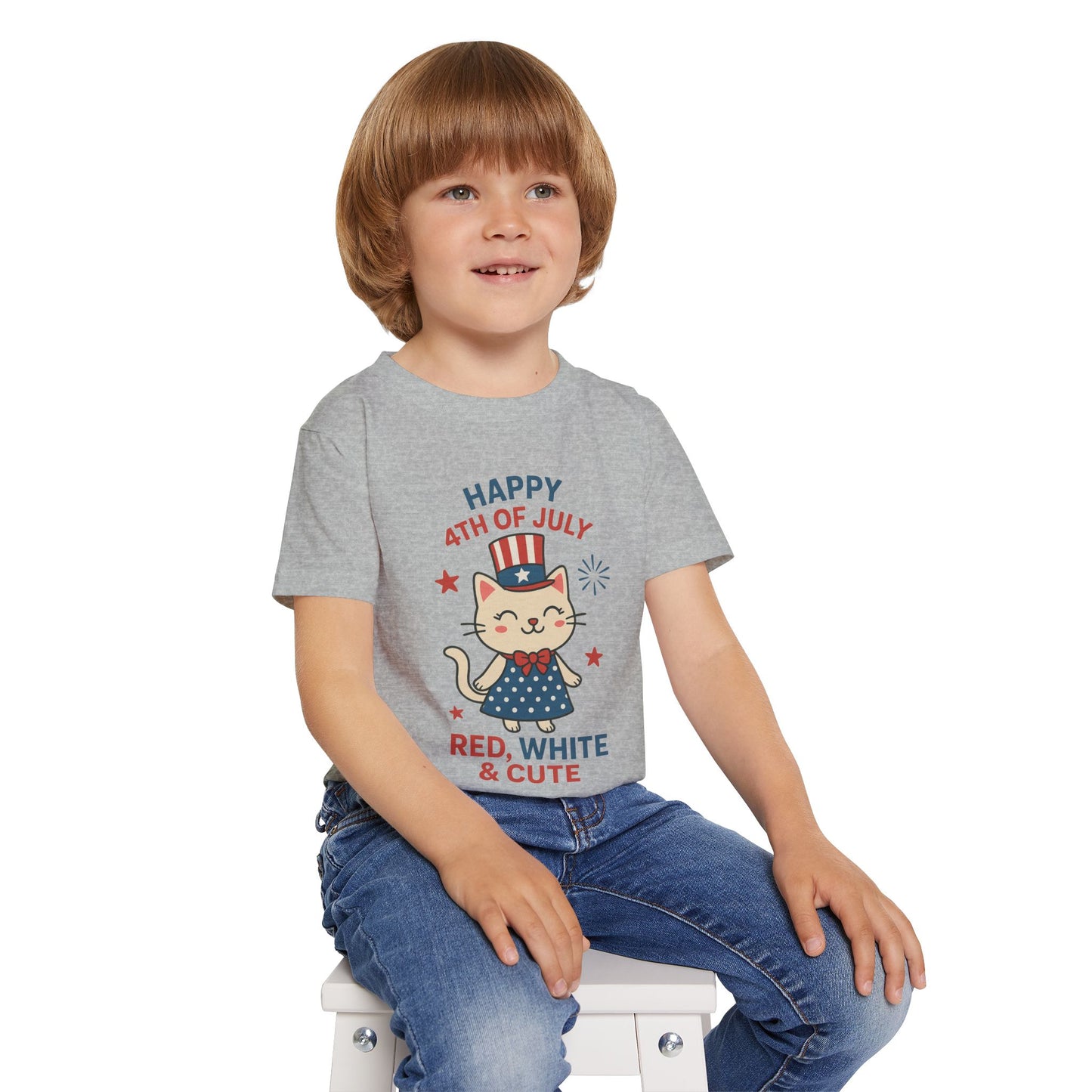 Patriotic Toddler Girl's T-Shirt, 4th of July Tee, Cute Cat Shirt, Kids Independence Day Apparel, Red White and Blue Outfit